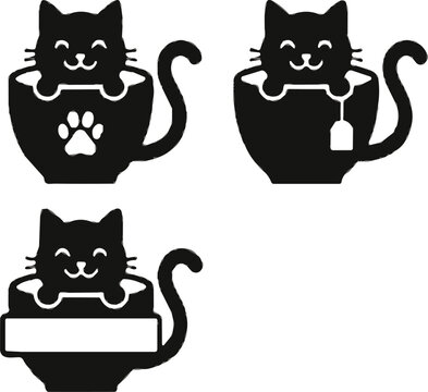 Cute black cat sitting inside coffee mug silhouette icons, kitten in tea cup vector illustration, isolated on white background, eps10.