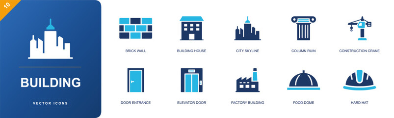 Fototapeta premium Building icon set. Containing brick wall, house, city skyline, column ruin, construction crane, door entrance, elevator door, factory building, hard hat and more. Solid fill vector icons.
