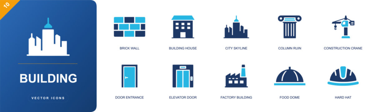 Building icon set. Containing brick wall, house, city skyline, column ruin, construction crane, door entrance, elevator door, factory building, hard hat and more. Solid fill vector icons.