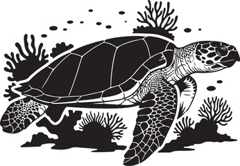 Fototapeta premium Silhouette of a sea turtle swimming near coral reef underwater silhouette, Generative Ai