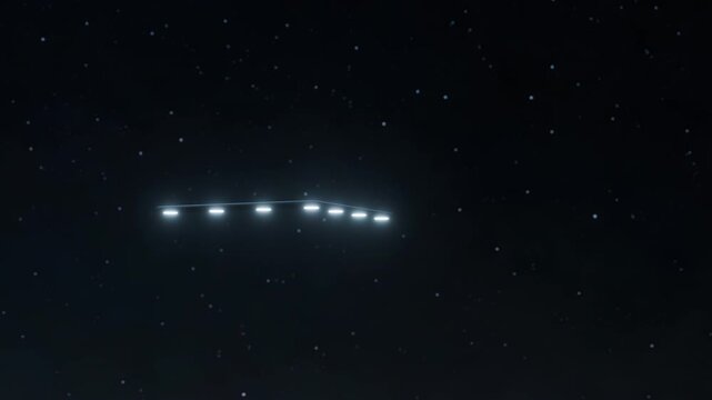 3D Animation of a Black Triangle UFO Materializing and Floating Across Night Sky