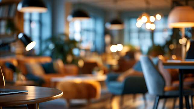 Abstract soft-focus interior domestic or home office environment viewed through a shallow depth of field, the blurred warm tones and furniture shapes creating an inviting and versatile
