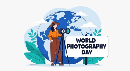 Obraz premium Celebrating world photography day female photographer with camera and global earth illustration