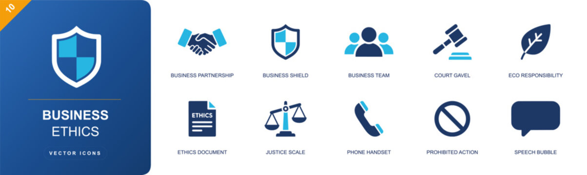 Business ethics icon set. Containing business partnership, business shield, business team, gavel, leaf, ethics document, justice scale, speech bubble and more. Solid fill vector icons.