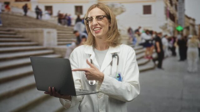 Woman doctor typing on laptop and pointing with hand on crowded street steps, stethoscope visible and smiling; telemedicine confidence.