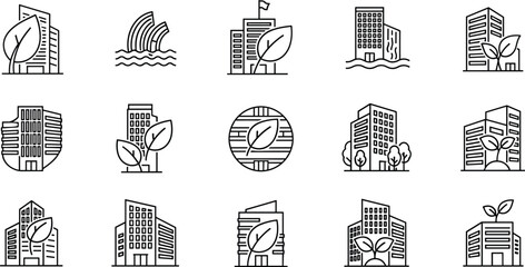 Green and sustainable city building line icon set with eco architecture, urban buildings, leaf elements, and environmental city symbols © Nafij World