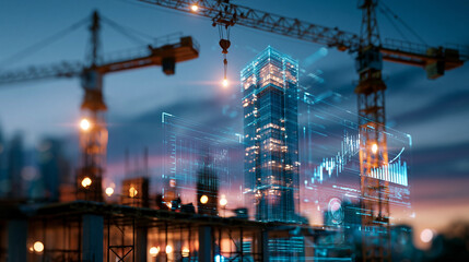 Obraz premium Construction project digital twin concept showing two large cranes framing a glowing holographic skyscraper rendering against a twilight sky, data charts and technical overlays integrated