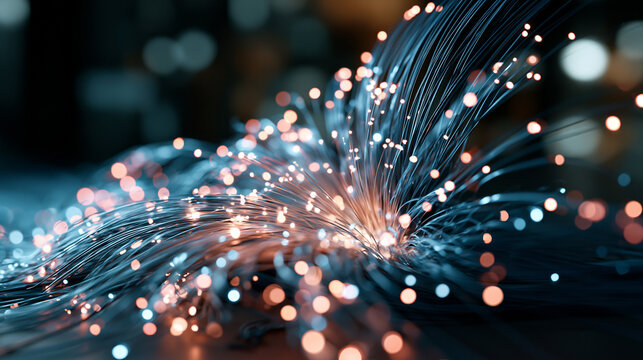 Glowing optical fiber strands flying dynamically outward from a deep central point against a dark abstract background, the vivid light filaments creating a sense of speed, data