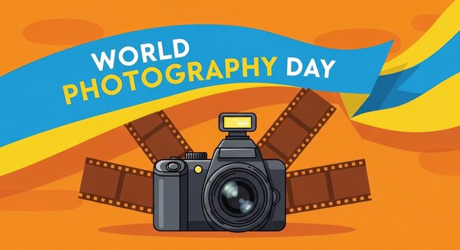 World photography day illustration dslr camera with film strips and ribbon banner