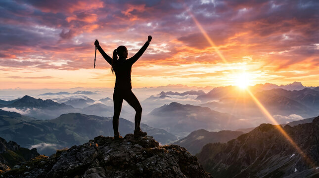 Silhouette of a woman cheering with raised arms on a mountain peak at sunset. This powerful image represents personal achievement, victory, freedom, and reaching a life goal.