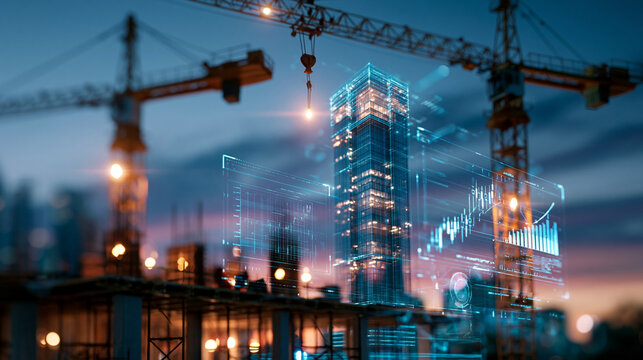 Construction project digital twin concept showing two large cranes framing a glowing holographic skyscraper rendering against a twilight sky, data charts and technical overlays integrated