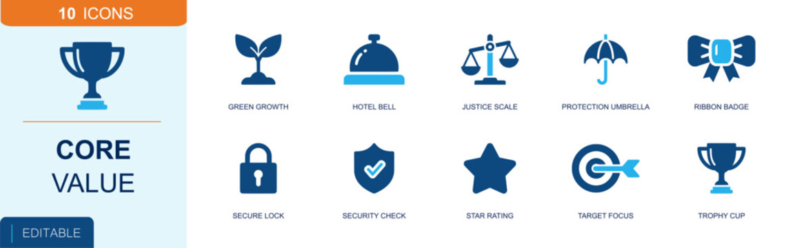 Core value icon set. Containing leaf growth, hotel bell, justice scale, umbrella shield, badge ribbon, secure lock, shield check, target focus, trophy cup and more. Solid fill vector icons.
