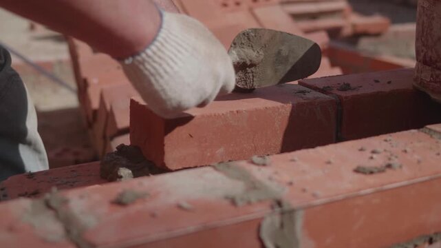 Close-up of a construction worker gloved hands, laying red bricks with wet cement. Professional bricklayer at the construction site.