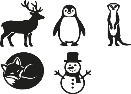 Reindeer, penguin, meerkat, earth globe, snowman, black silhouette icons, winter animal, world map, vector illustration, isolated on white background, eps10.