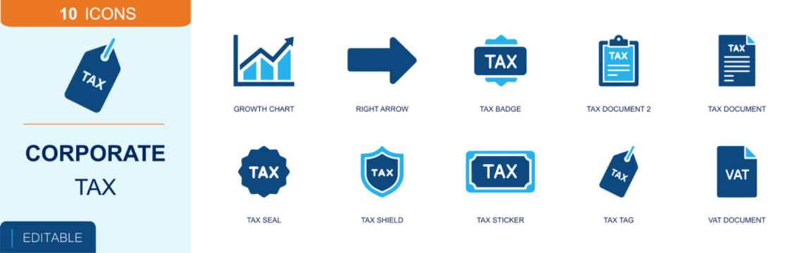 Corporate tax icon set. Containing growth chart, right arrow, tax badge, tax clipboard, tax document, tax seal, tax shield, tax sticker, VAT document and more. Solid fill vector icons.