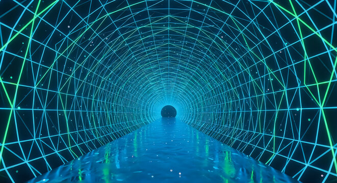 3d human figure walking through digital network tunnel