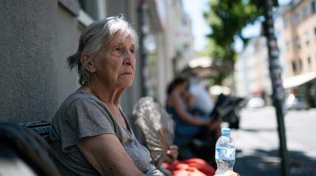 Femme &acirc;g&eacute;e assise dans une rue urbaine tenant une bouteille d'eau