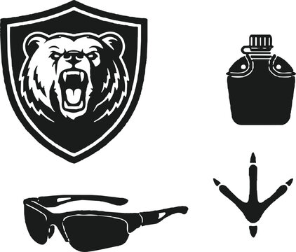 Roaring bear shield, water canteen flask, sunglasses, bird footprint, outdoor survival adventure black silhouette icons, vector illustration isolated white background.