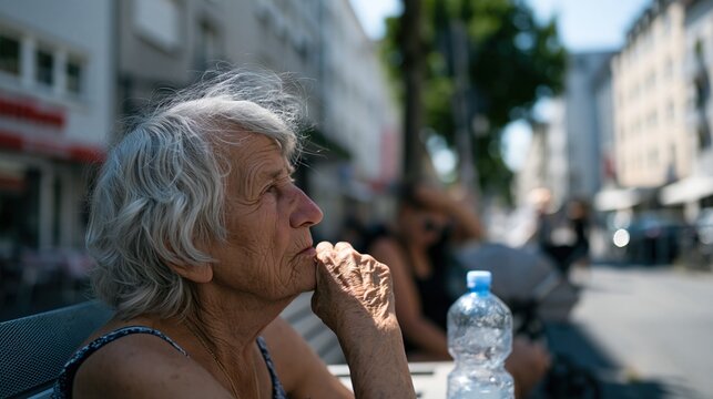 Femme &acirc;g&eacute;e aux cheveux gris contemplant la rue en &eacute;t&eacute; avec bouteille