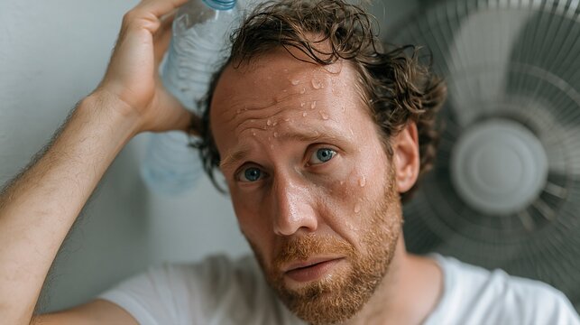 Homme fatigu&eacute; se rafra&icirc;chissant le visage avec une bouteille d'eau