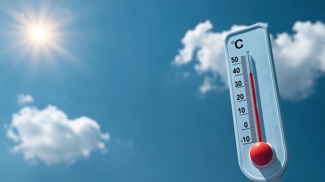 Thermom&egrave;tre affichant une temp&eacute;rature &eacute;lev&eacute;e sous un soleil radieux