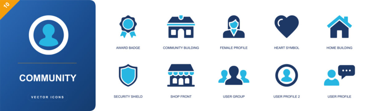 Community icon set. Containing award badge, community building, female profile, heart, home, security shield, user group, chat bubble, shop front and more. Solid fill vector icons.