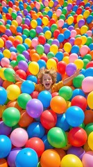 Obraz premium Elementary school-aged boy playing in a sea of colorful balloons. Joyous childhood celebration and party fun.