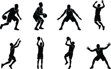 Basketball Player Silhouette Collection Featuring Dribbling Shooting Defense and Jumping Action Poses Vector Illustration © Sadhin Artlance