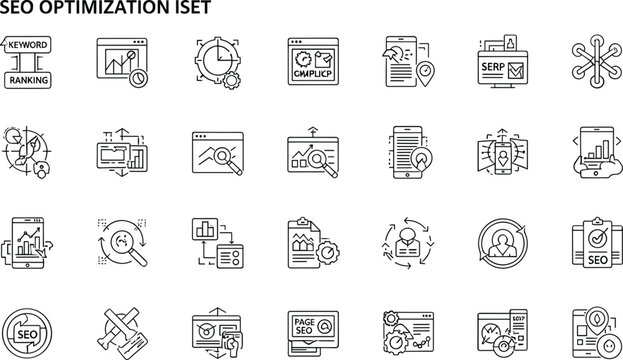 SEO Optimization Icon Set with Keyword Ranking Analytics Website Audit SERP Monitoring Digital Marketing Strategy Thin Line Vector Collection