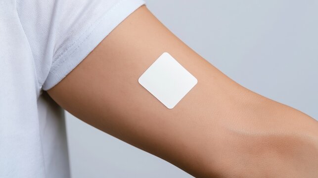 Arm with a clean square medical patch attached to skin, receiving treatment, health monitoring, vaccination concept