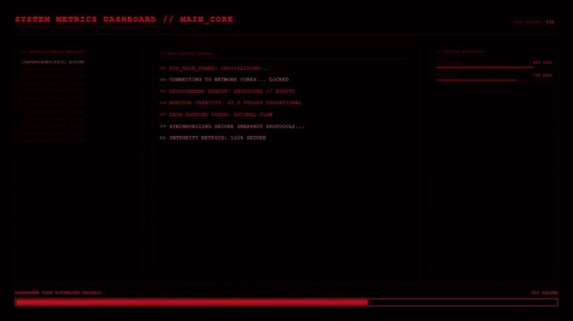 System Metrics Dashboard Main Core Initializing Server Network And Data frame Core Buffering Process Status Red HUD Terminal Monitor Screen.
