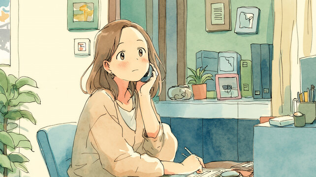 休日のひとときを部屋でのんびり過ごす女性を描いたやさしい人物イラスト。リラックス、くつろぎ、おうち時間、休息、日常、生活、暮らし、室内、癒やし、穏やか、女性、人物、インテリア、一人時間、余暇、安らぎ、気軽に使えるライフスタイルの挿絵素材。日常のくつろぎや穏やかな時間を伝え、広告、ブログ、SNS、挿絵、表紙、バナー、誌面などに使いやすいデザイン素材