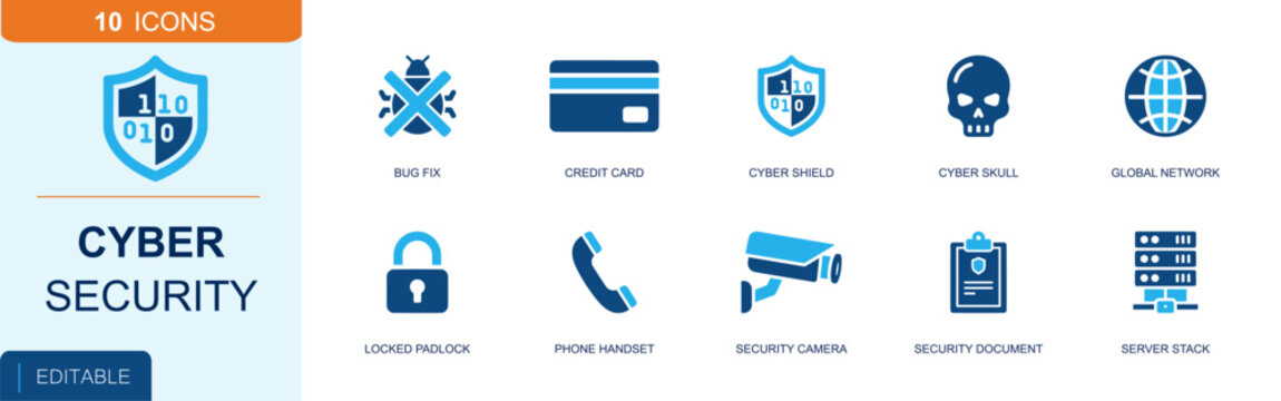Cyber security icon set. Containing bug fix, credit card, cyber shield, cyber skull, global network, lock, security camera, server stack, document and more. Solid fill vector icons.