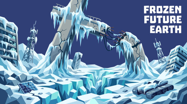 Frozen future earth after climate collapse environment climate transformation urban survival science civilization dramatic skyline vector illustration
