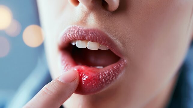 Person pulling down lower lip with finger, revealing painful canker sore or aphthous ulcer, highlighting oral health issues