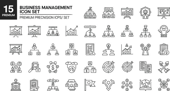 Premium business management strategy analytics hierarchy finance planning leadership workflow corporate structure outline editable stroke vector icon set collection