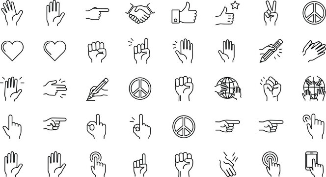 Hand, gesture, line, icons, set, pointing, clicking, peace, heart, like, fist, touch, symbol, collection, outline, vector, illustration, UI, signs, pack