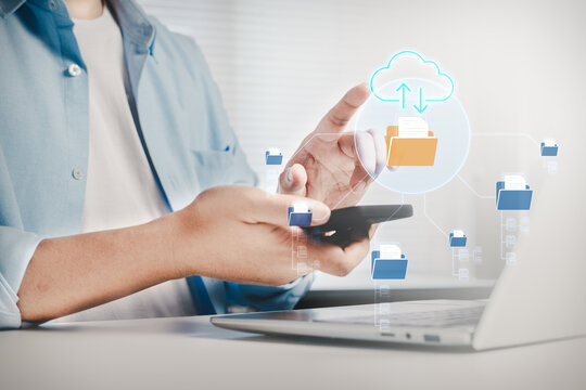 Business Professional using cloud system on smartphone, Digital document management with file organization workflow, business data structure, cloud storage integration, and information technology