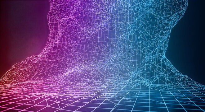 Abstract digital pixel art cityscape with glowing grid floor