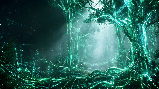 Mystical enchanted forest at night with glowing bio-luminescent trees and roots, fantasy magic woods landscape with fog and light rays
