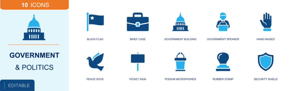 Government and politics icon set. Containing flag, briefcase, government building, speaker, raised hand, peace dove, protest sign, podium, rubber stamp and more. Solid fill vector icons.
