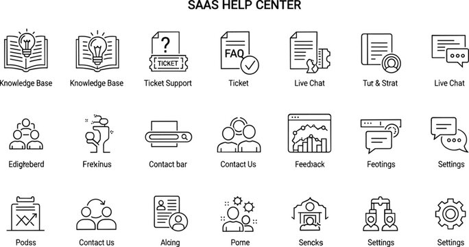 SaaS help center knowledge base ticket support live chat contact feedback settings customer service outline editable stroke vector icon set