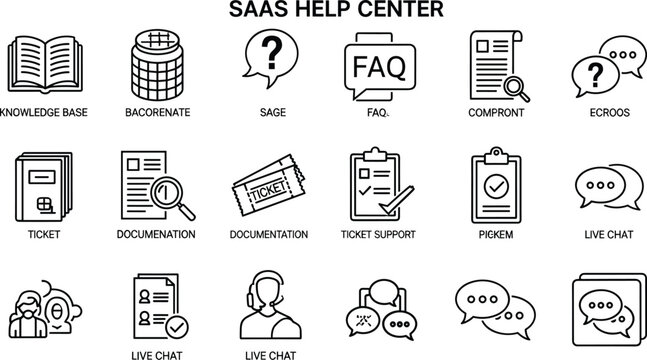 SaaS help center support documentation FAQ knowledge base live chat ticket service outline editable stroke vector icon set
