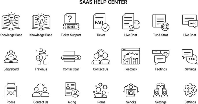 SaaS help center customer support knowledge base FAQ live chat contact feedback settings editable stroke outline vector icon set