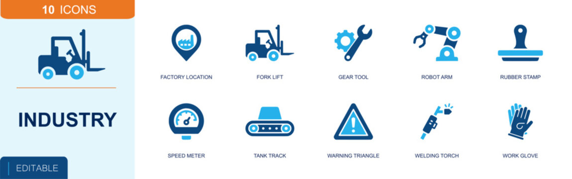 Industry icon set. Containing factory location, fork lift, gear tool, robot arm, speed meter, tank track, warning triangle, welding torch, work glove and more. Solid fill vector icons.