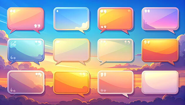 collection of pixel art speech bubble shapes and text boxes with quotes, in vibrant sunset sky colors, ideal for game UI or digital illustrations