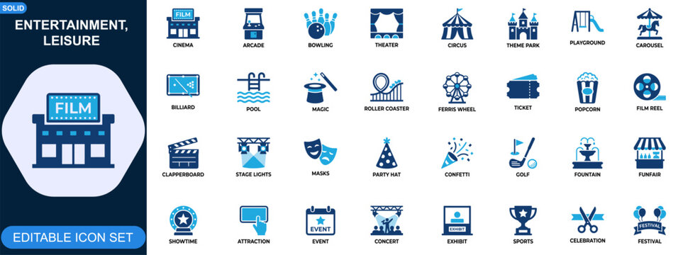 Entertainment and leisure icon set for games and attractions. Cinema, arcade, bowling, theater, circus, amusement park, carnival, festival. Editable icons collection. Vector.