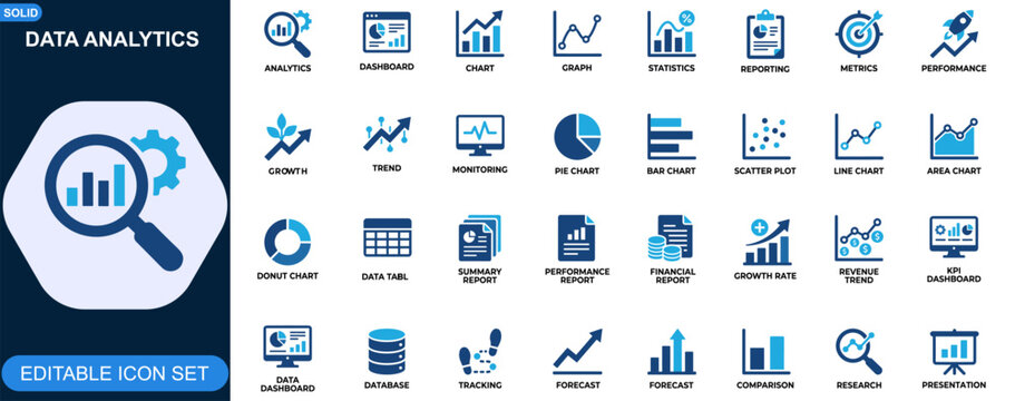 Data analytics and business intelligence icon set. Dashboard, chart, graph, statistics, reporting, metrics, performance, growth tracking. Editable icons collection. Vector.