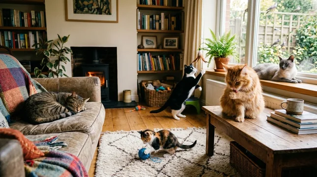 Cozy living room scene with multiple cats playing and resting