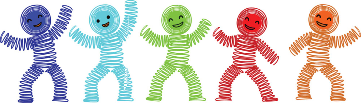 Happy spring people illustration, colorful joyful characters dancing, fun teamwork unity concept, positive energy emotion, creativity happiness, playful community, flat vector